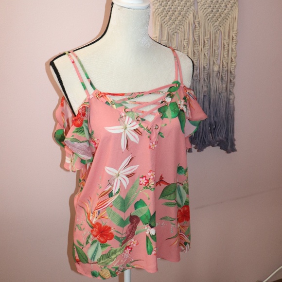 Express Coral Floral off the shoulder top - Picture 3 of 8